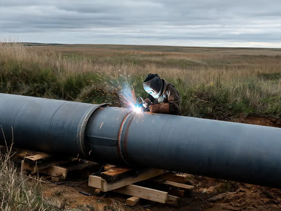 Welder stick welding a girth weld on a large steel pipeline joint in a prairie ditch