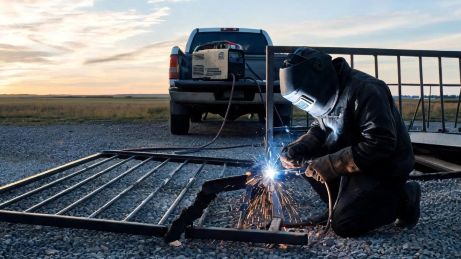 Welder kneeling on a gravel yard welding a steel gate frame, with a portable welding machine on a truck deck behind him