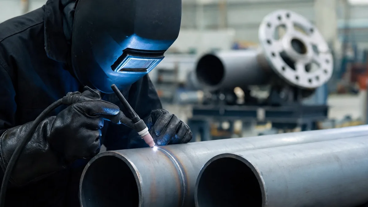 Welder TIG welding the butt joint of a carbon steel pipe spool on pipe stands in a fabrication shop