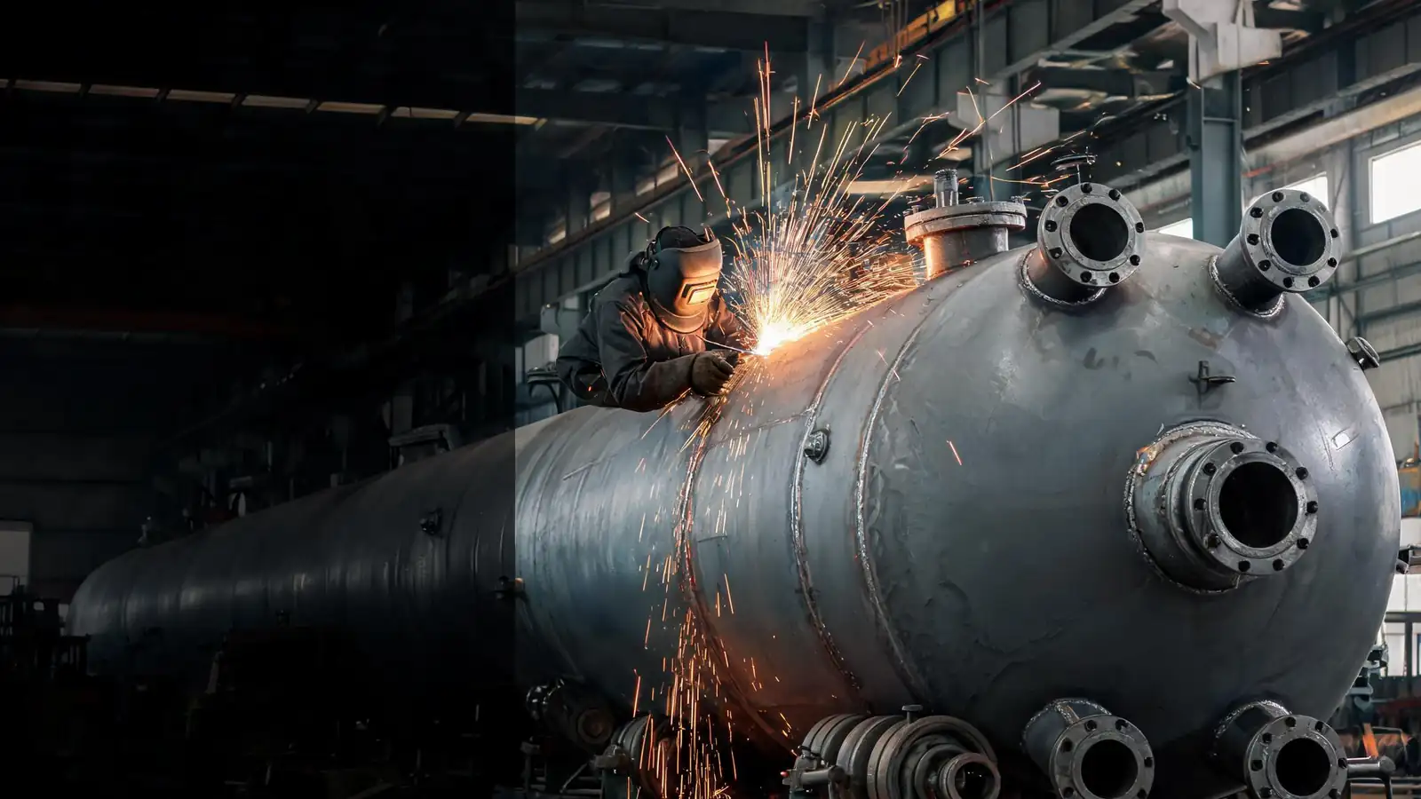 Welder welding a circumferential seam on a large carbon steel pressure vessel shell on rollers in a fabrication shop
