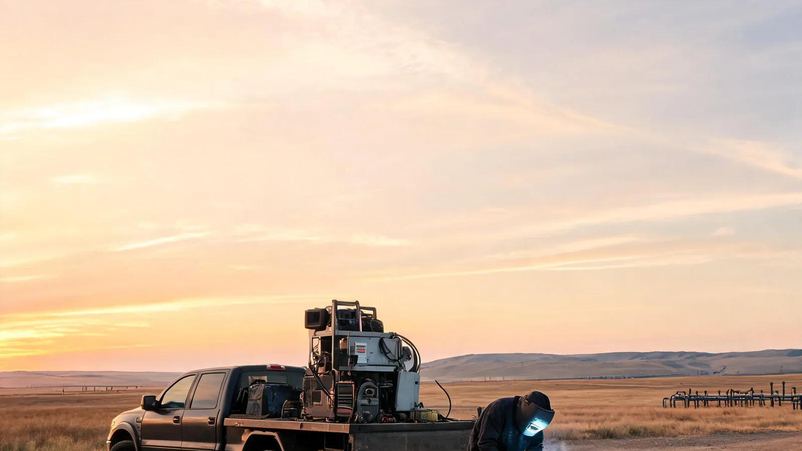 Welding rig truck on a gravel oilfield lease at sunrise with a welder welding a pipe joint beside it