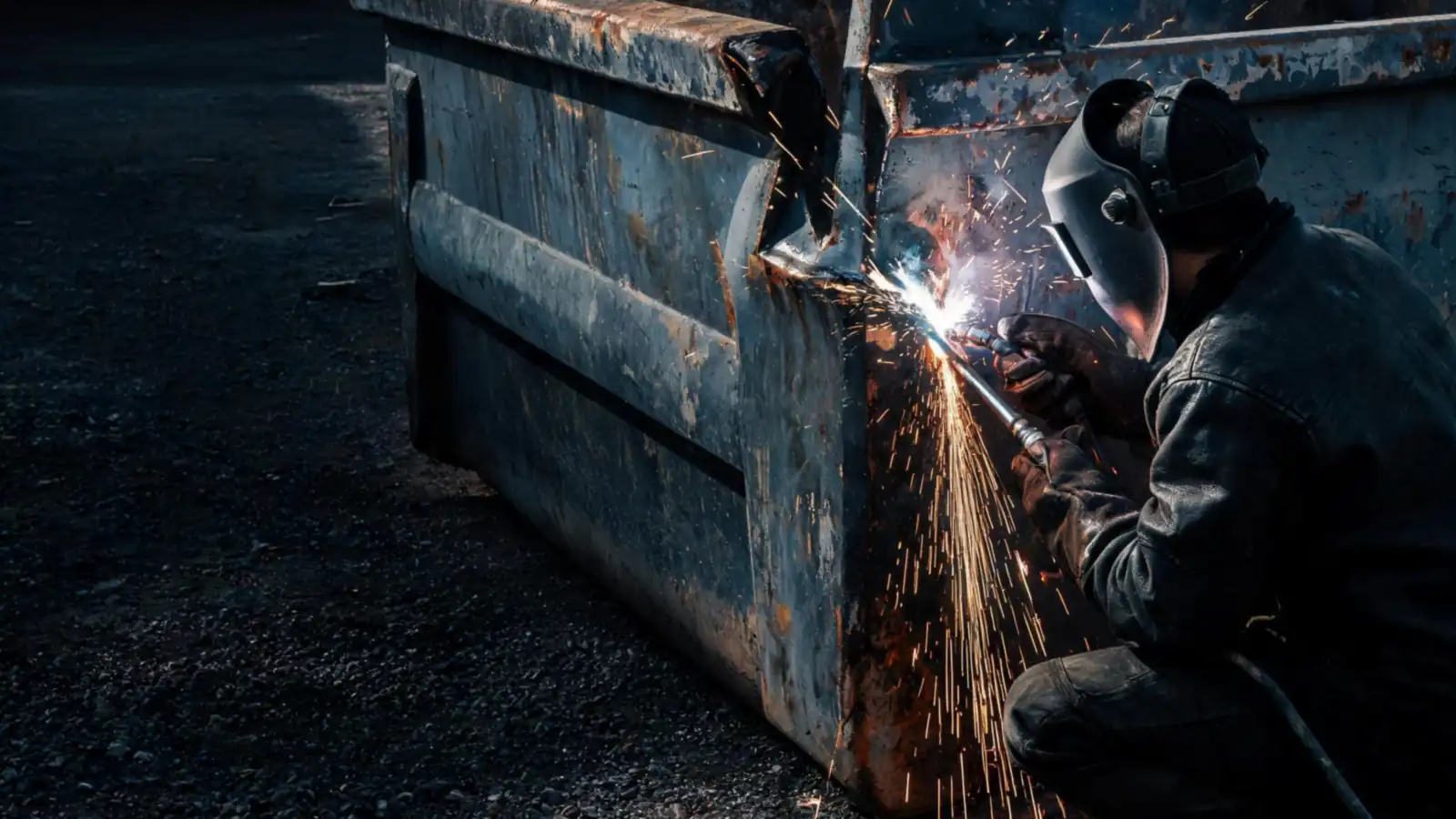 Welder repairing a damaged corner of a steel roll-off waste bin in an industrial yard