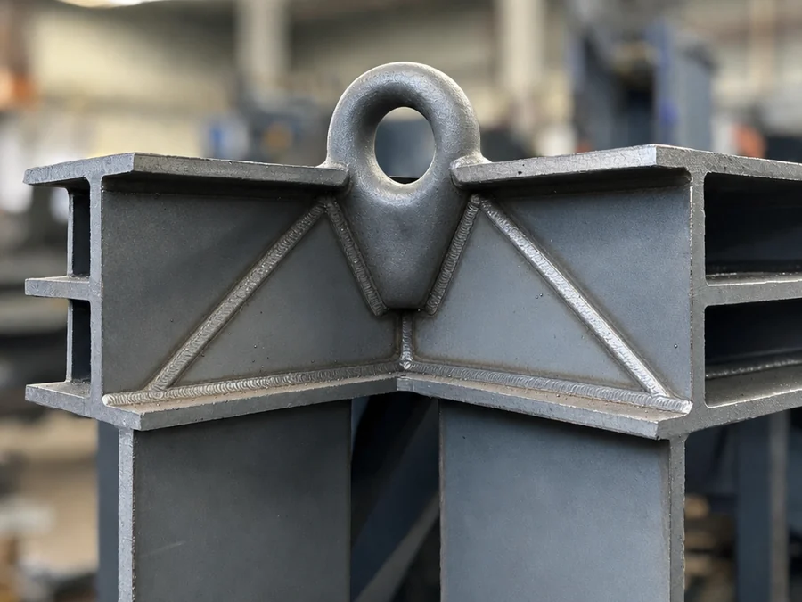 Close-up of a welded I-beam skid frame corner with a lifting lug and gusset plates