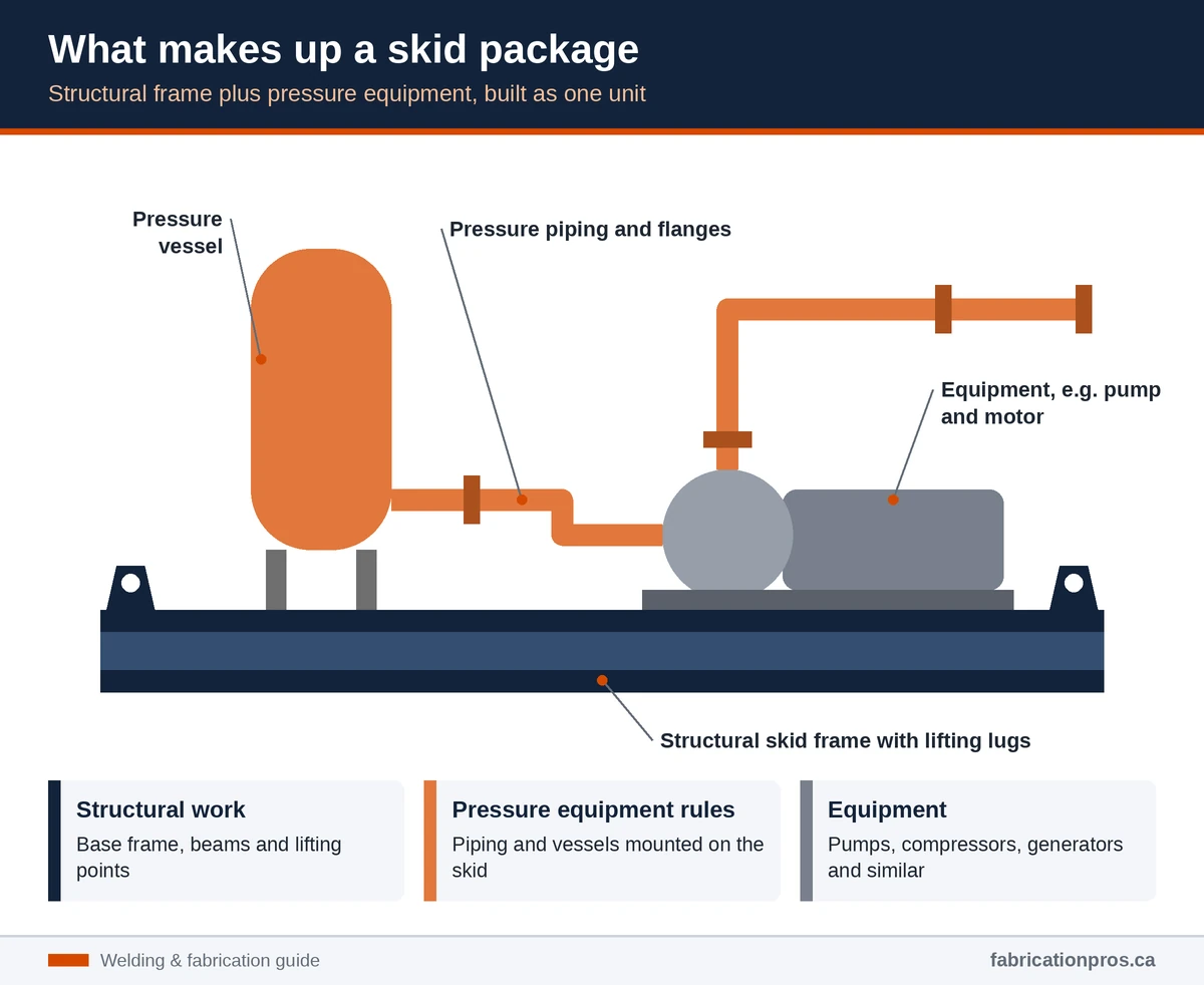 Diagram of a skid package showing the structural frame, pressure vessel, pressure piping and pump