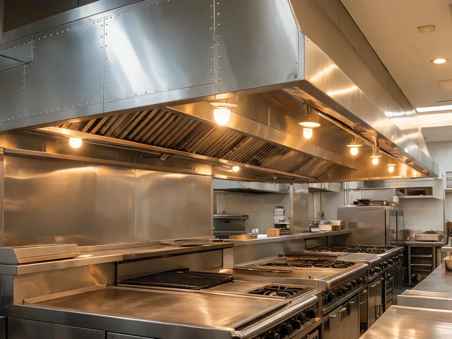Stainless steel exhaust hood above the cooking line of a restaurant kitchen