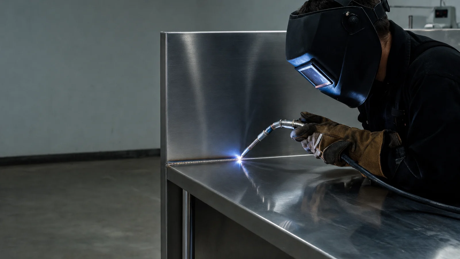 Welder TIG welding the corner of a stainless steel commercial kitchen worktable with a backsplash