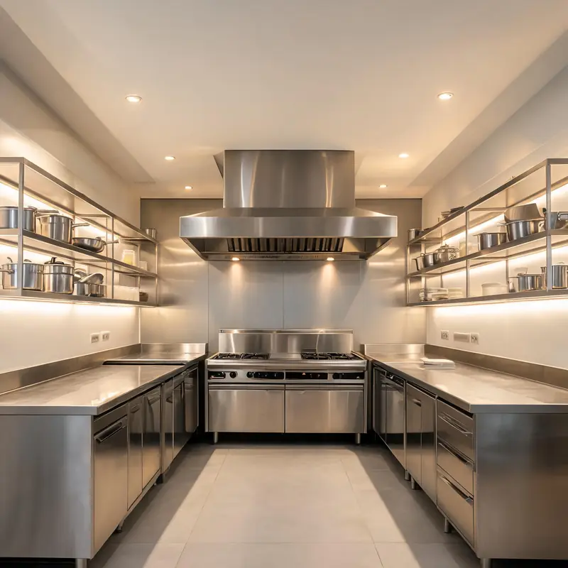 Commercial kitchen with stainless steel work tables, shelving and exhaust hood
