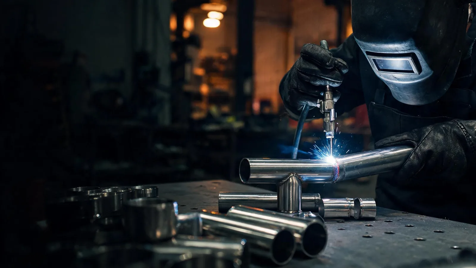 Welder TIG welding a stainless steel pipe joint on a shop table, with stainless fittings around the bench