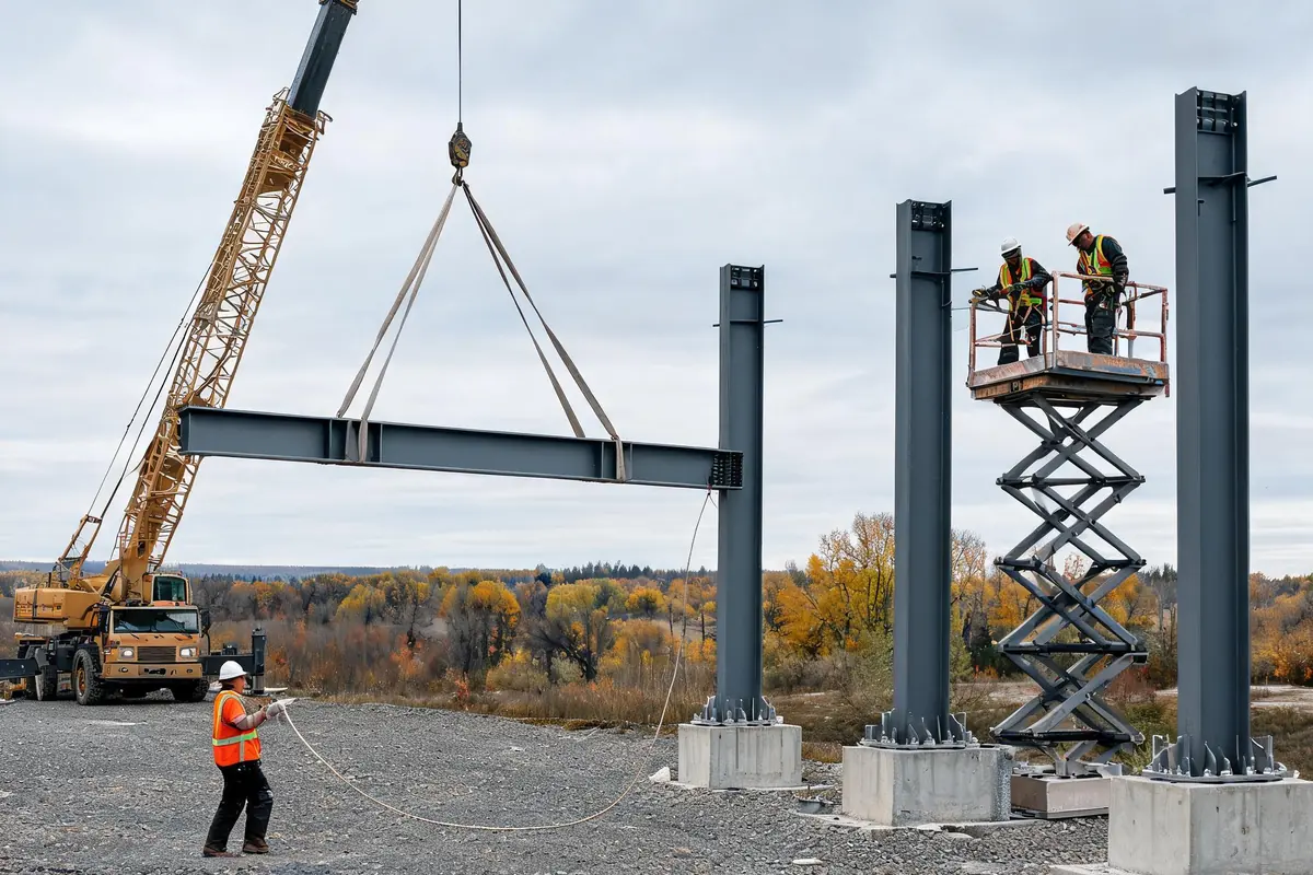 Mobile crane lifting a steel beam toward steel columns on concrete footings while a worker guides it with a tag line and ironworkers wait on a scissor lift