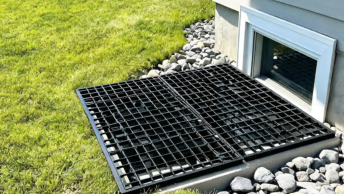 Black powder-coated steel grate cover over a basement egress window well beside a house