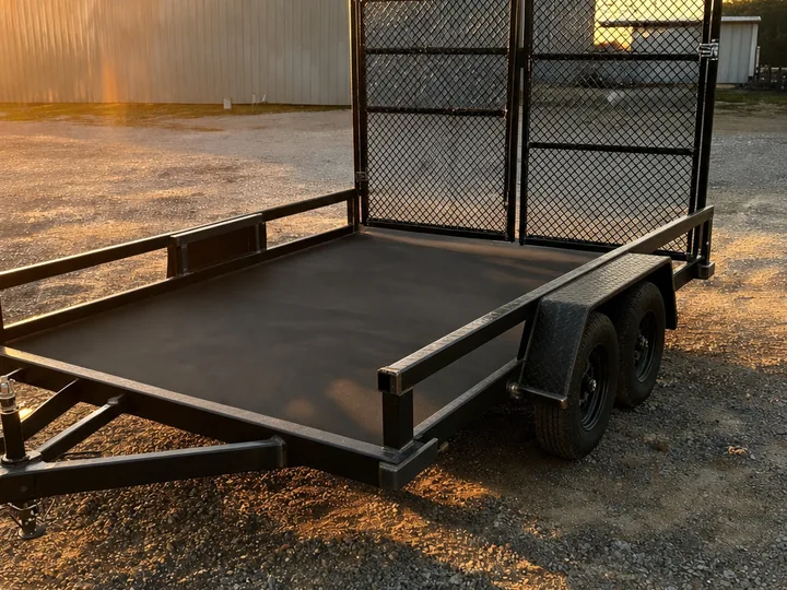 Black steel flatdeck trailer with welded frame and mesh ramp gate