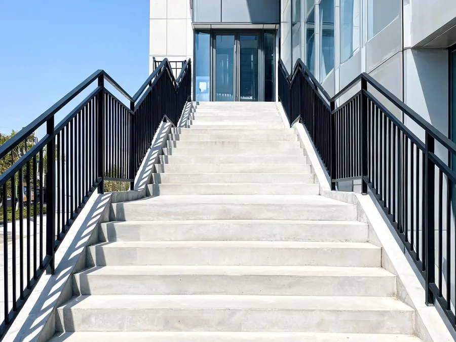 Black steel handrails and guardrails on concrete exterior steps at a commercial building entrance