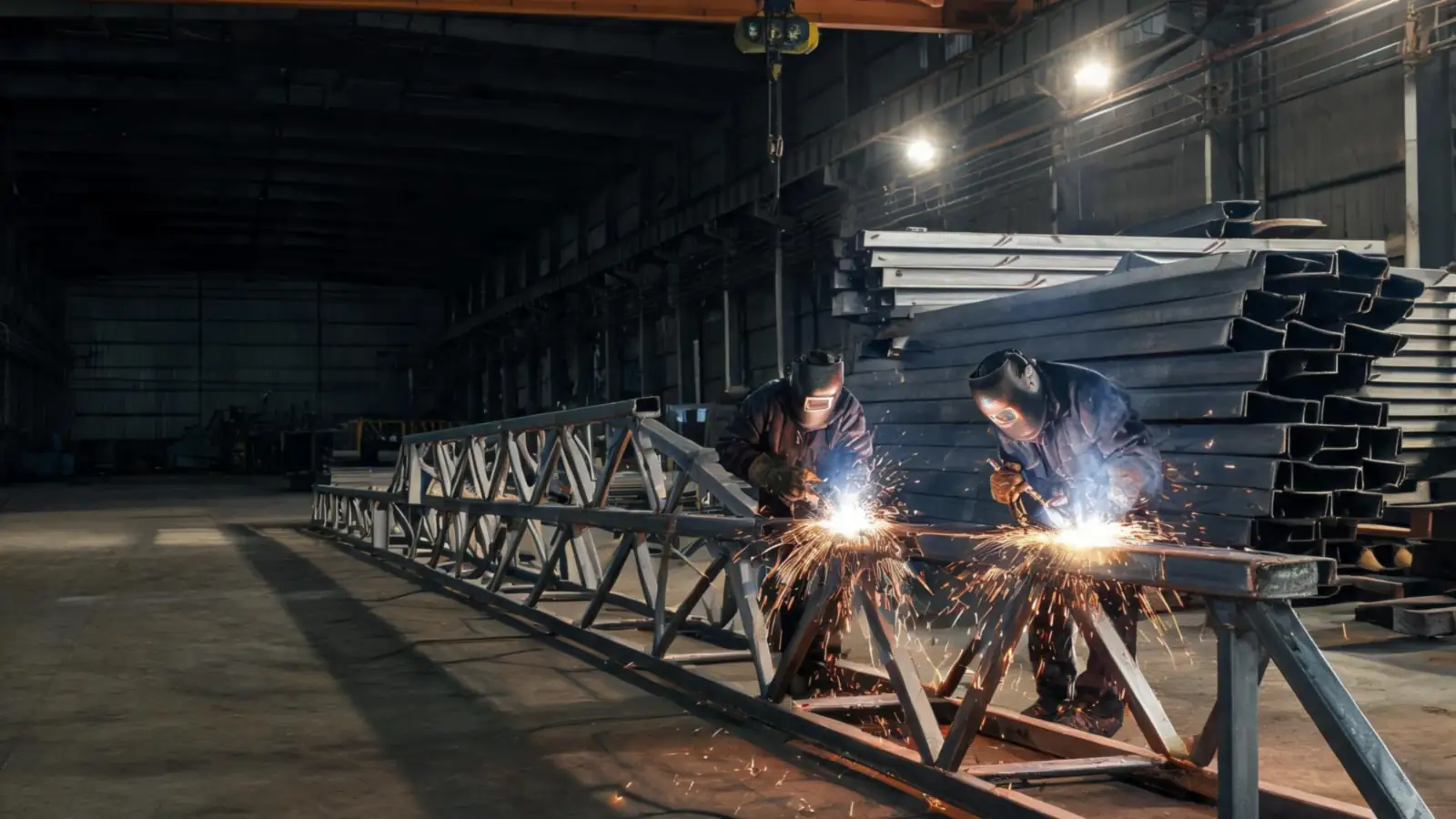 Two welders welding a long steel roof truss on the floor of a large fabrication shop