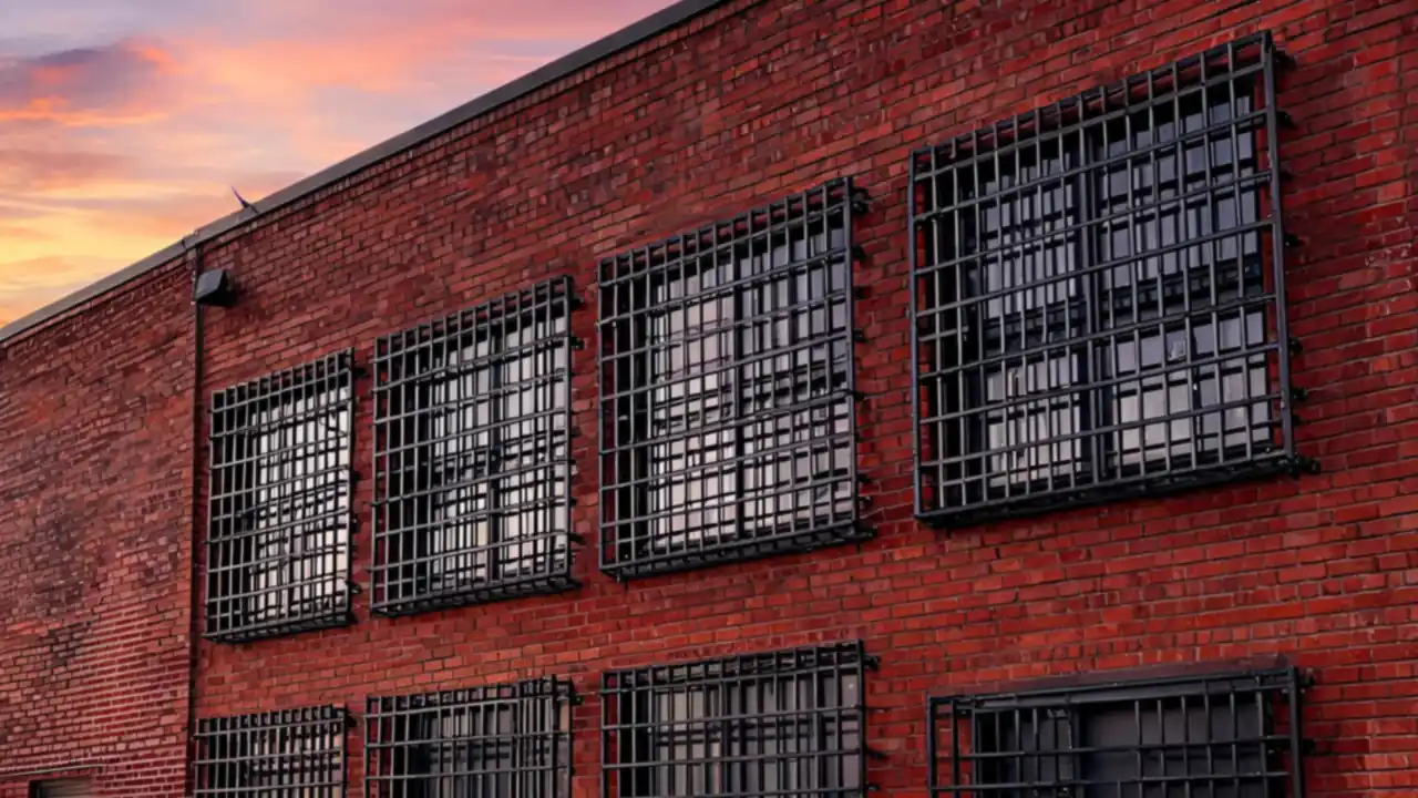 Black steel security bars over the windows and rear door of a brick commercial building at dusk
