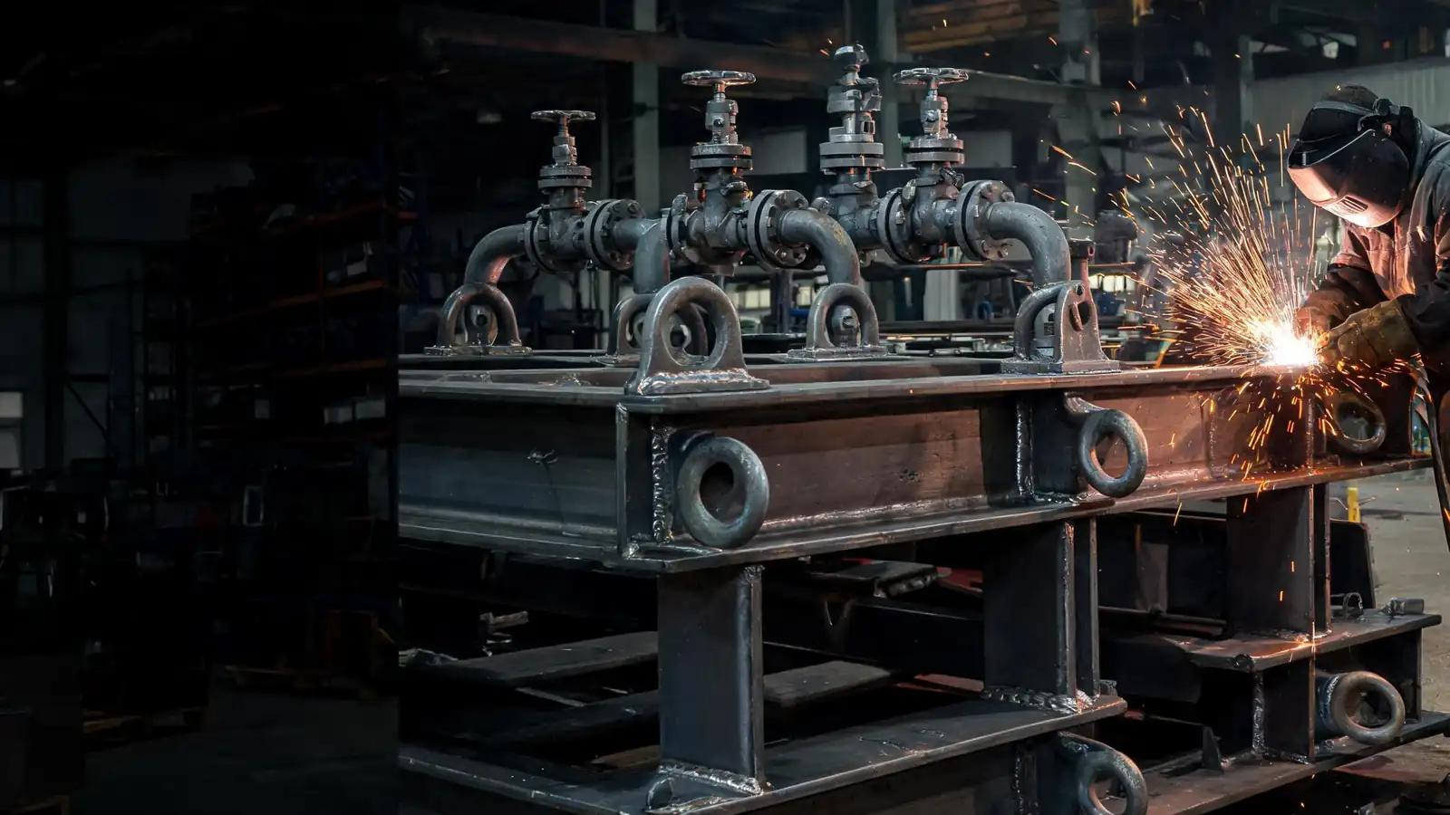 Structural steel skid base with an I-beam frame and mounted process piping in a fabrication shop