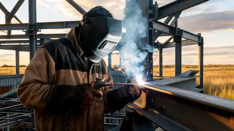Welder stick welding (SMAW) a steel beam connection outdoors on a construction site