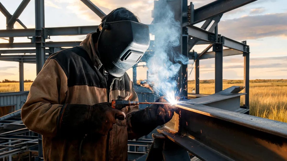 Welder stick welding (SMAW) a steel beam connection outdoors on a construction site