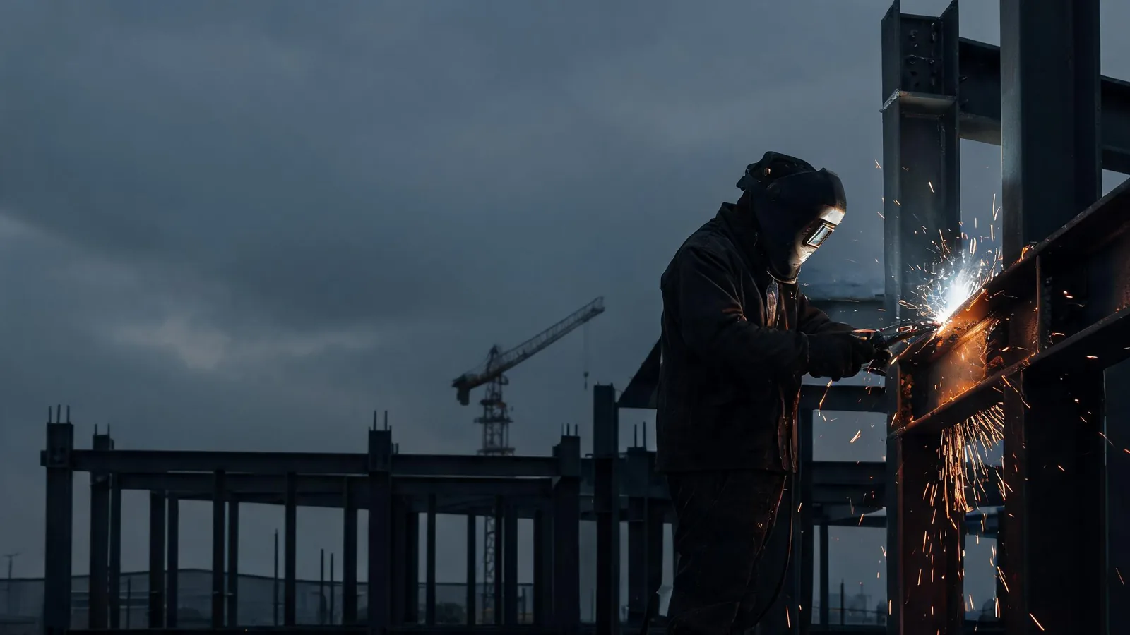Welder welding a beam-to-column connection on a steel building frame under construction at dusk