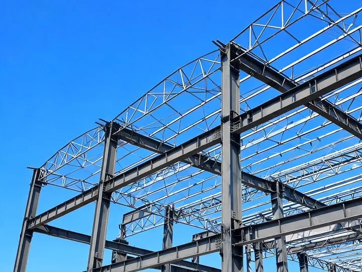 Structural steel beams, columns and roof trusses on a commercial building site