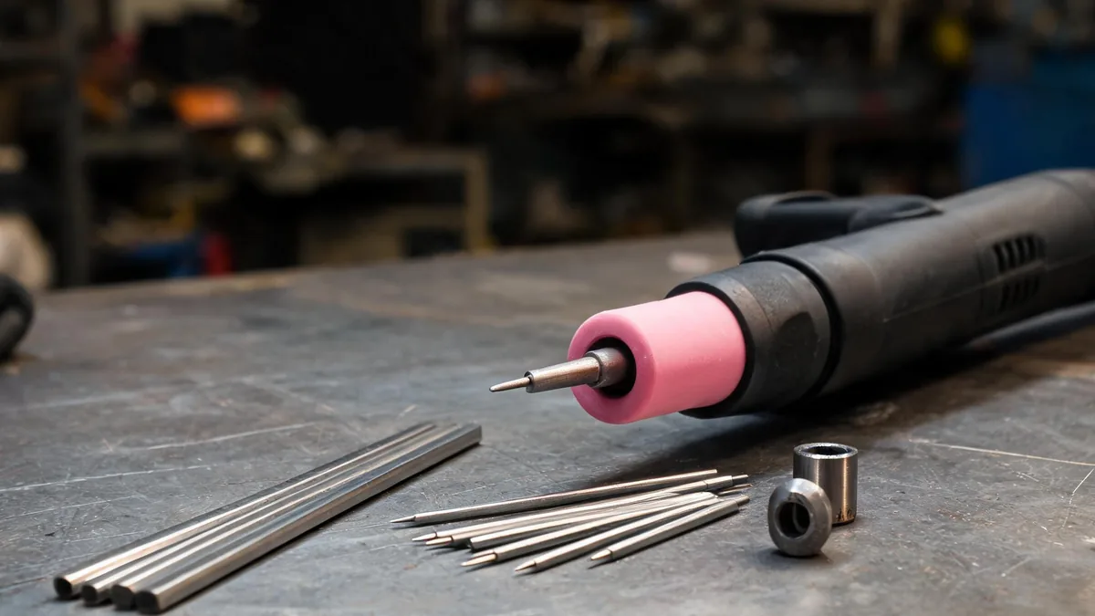 TIG torch with ceramic cup and sharpened tungsten electrode on a workbench beside filler rods