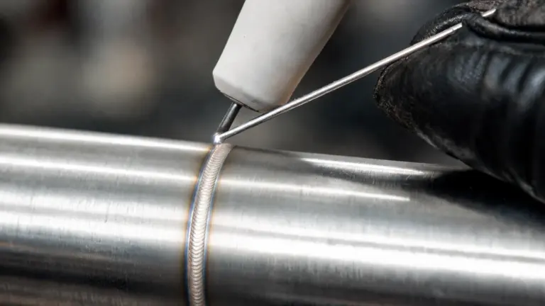 Close-up of a neat TIG weld bead on a stainless steel tube joint with a filler rod