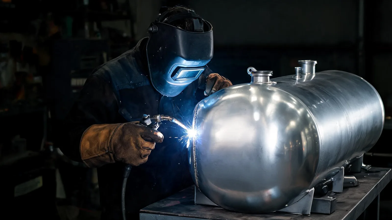 Welder TIG welding a seam on a cleaned aluminum diesel fuel tank on a shop workbench