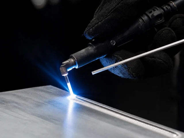 Close-up of TIG welding an aluminum plate with a tungsten torch and filler rod