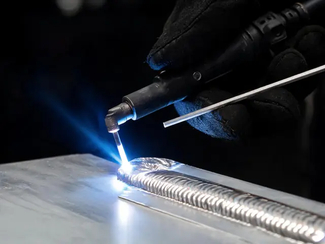 Close-up of TIG welding an aluminum plate with a tungsten torch and filler rod