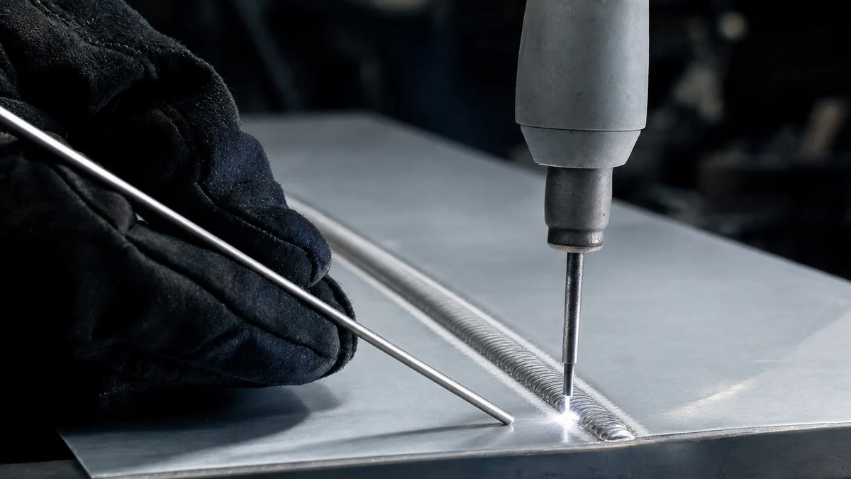 Close-up of TIG welding aluminum plate with a filler rod fed into the weld pool
