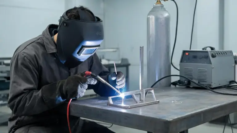 Welder at a bench TIG welding a thin stainless steel bracket while feeding filler rod