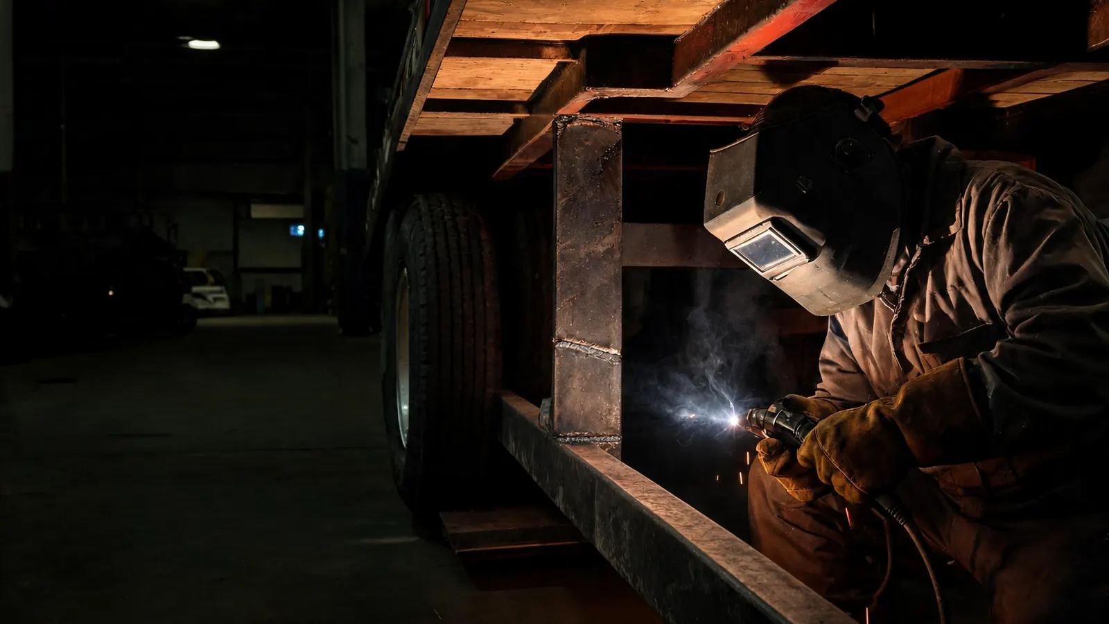 Welder MIG welding a cracked steel crossmember under a flatbed equipment trailer in a shop