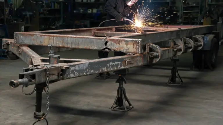 Welder MIG welding a cracked crossmember on a steel utility trailer frame raised on stands
