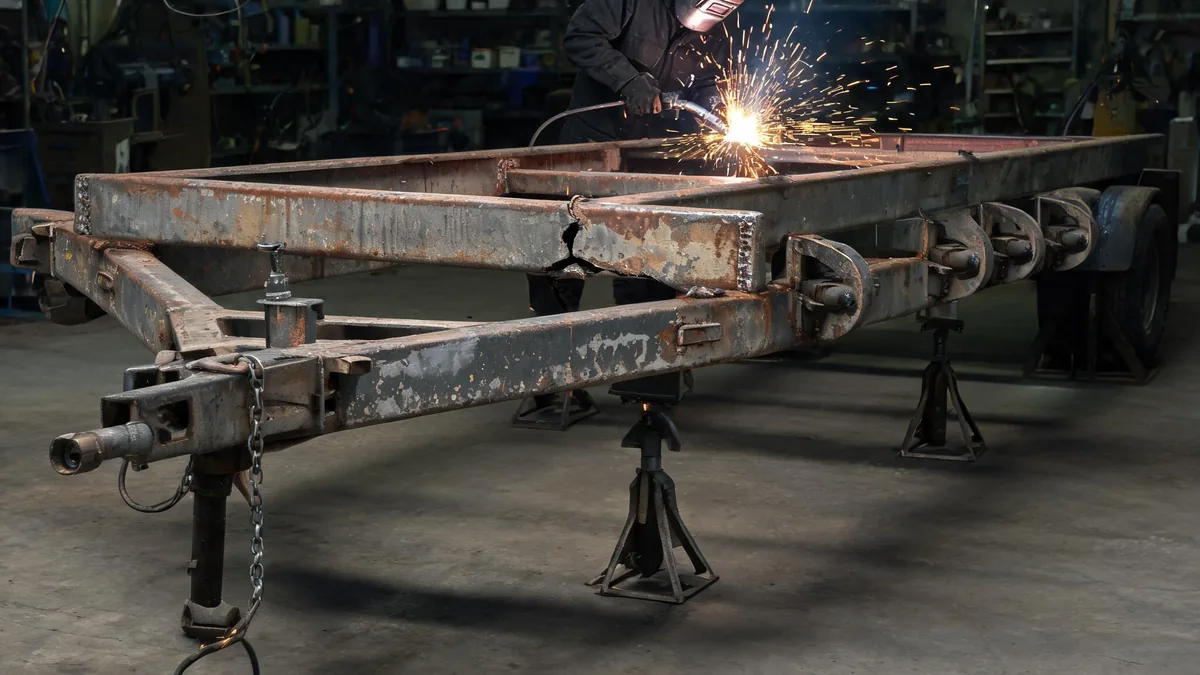 Welder MIG welding a cracked crossmember on a steel utility trailer frame raised on stands