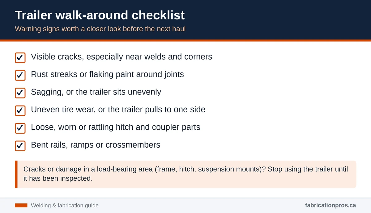 Checklist of trailer warning signs: cracks near welds, rust streaks, sagging, uneven tire wear, loose hitch parts and bent rails