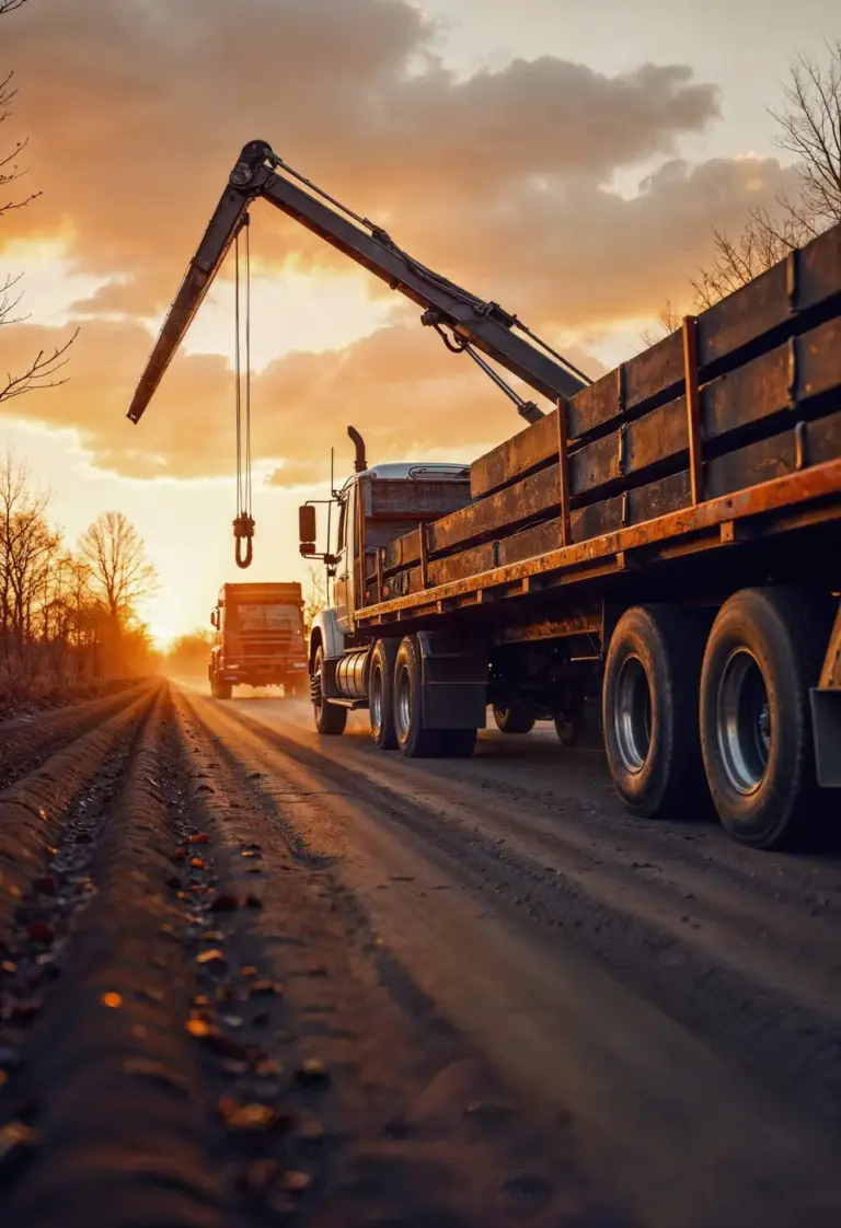 Truck with a crane and flatdeck trailer at sunset