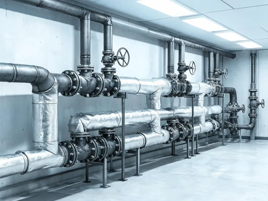 Welded steel steam and condensate piping with flanges and valves in a mechanical room