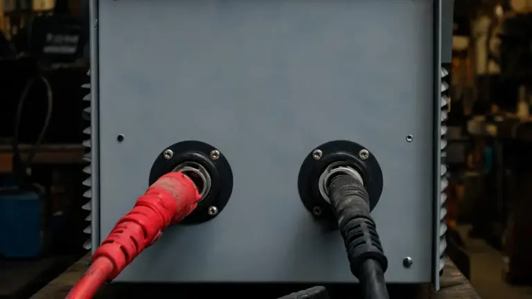 Welding power source front panel with cables connected to the positive and negative terminals