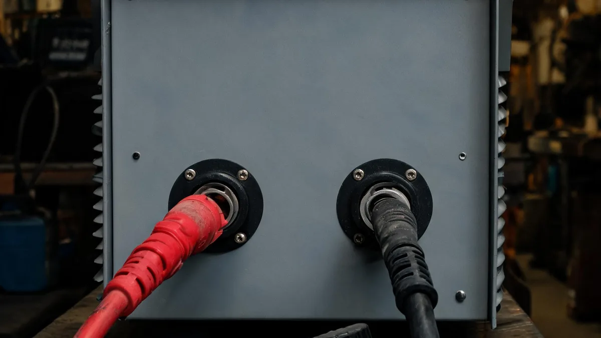 Welding power source front panel with cables connected to the positive and negative terminals