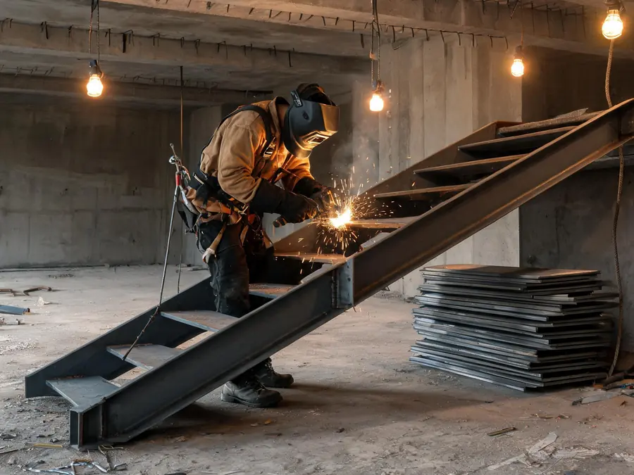 Welder fitting and welding a steel stair stringer inside a concrete building under construction