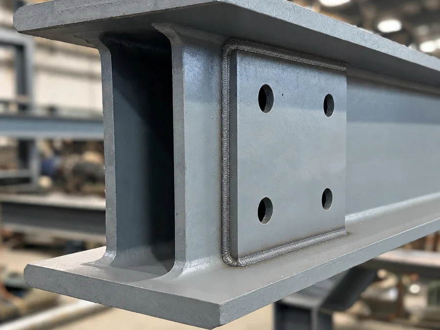 Close-up of a steel wide flange beam with a welded shear tab connection plate and bolt holes